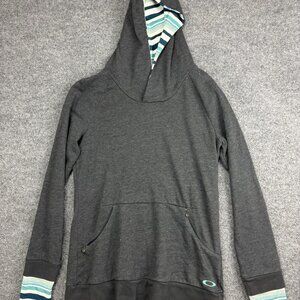 Oakley Hoodie Womens Large Gray Pullover Kangaroo Zip Pockets Striped Cuffs
